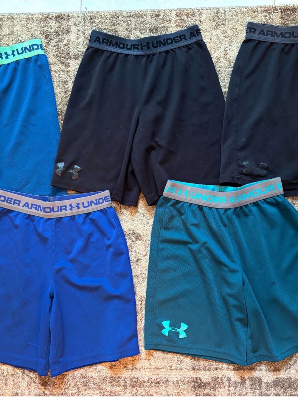 Lot of 5 Under Armour Kids Athletic Shorts - Black, Royal Blue, Teal